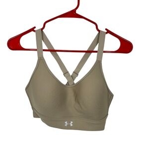 Under Armour UA Continuum Medium Support Sports Bra Beige Fitted Lined Gym Cycle